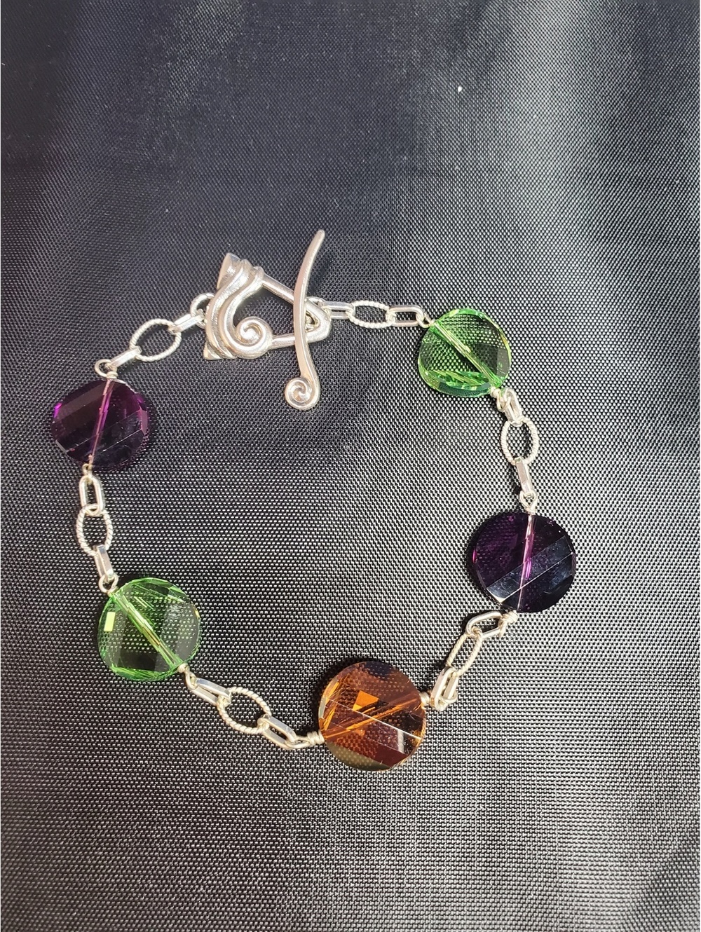 Faceted Crystal Disc Link Bracelet 925 Sterling Silver Toggle 7.5 in